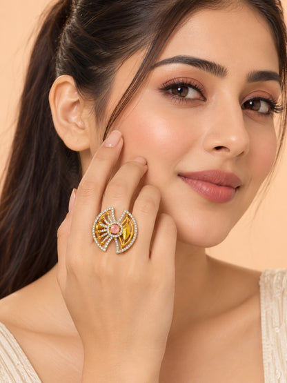 Pink Center Stone Fan Motif Ring - Gold Plated - model close-up