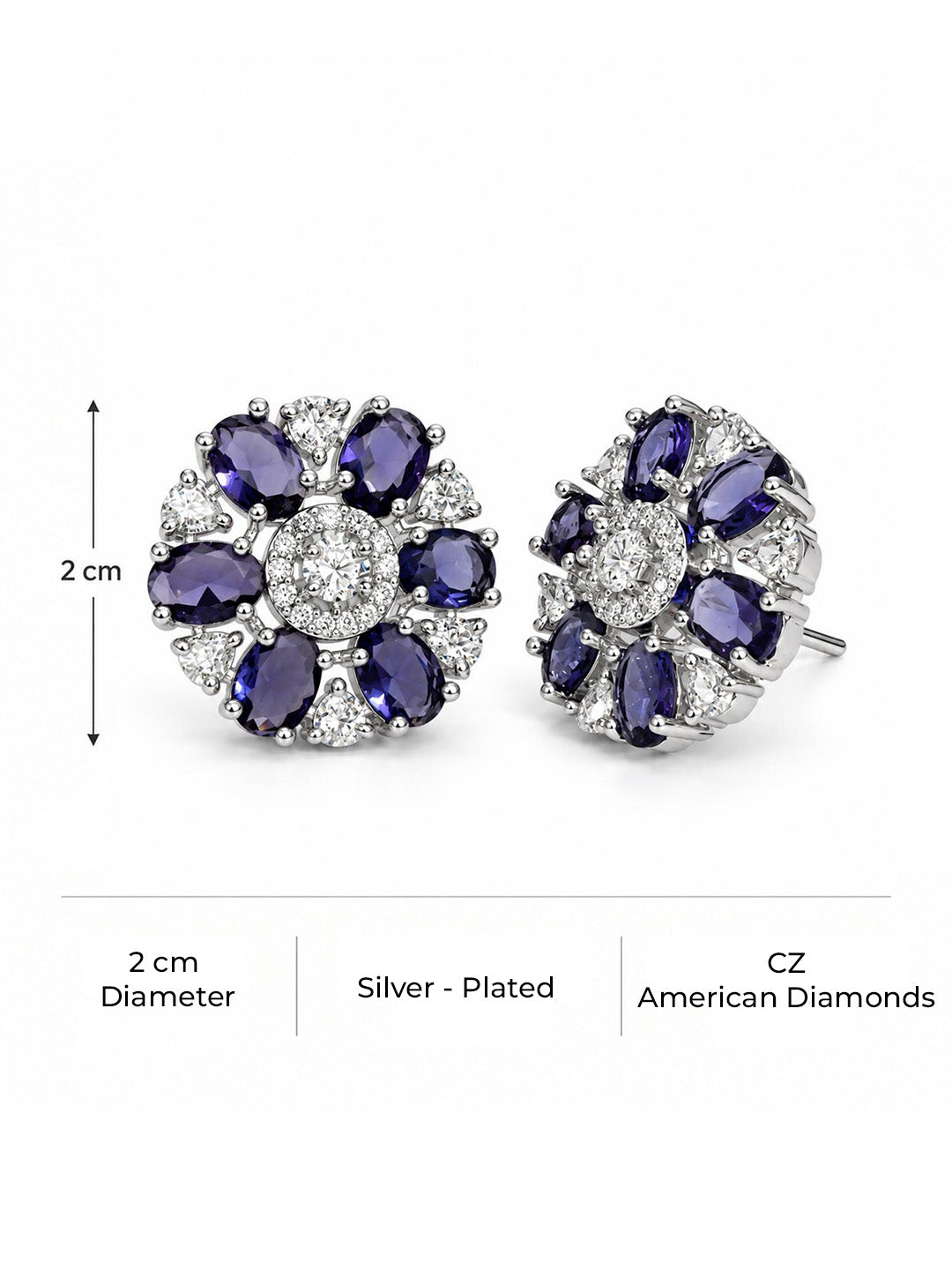 Purple rectangular stone flower silver-plated stud earrings