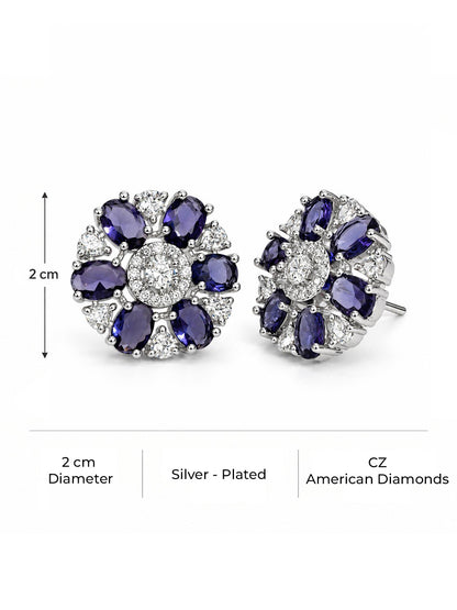Purple rectangular stone flower silver-plated stud earrings