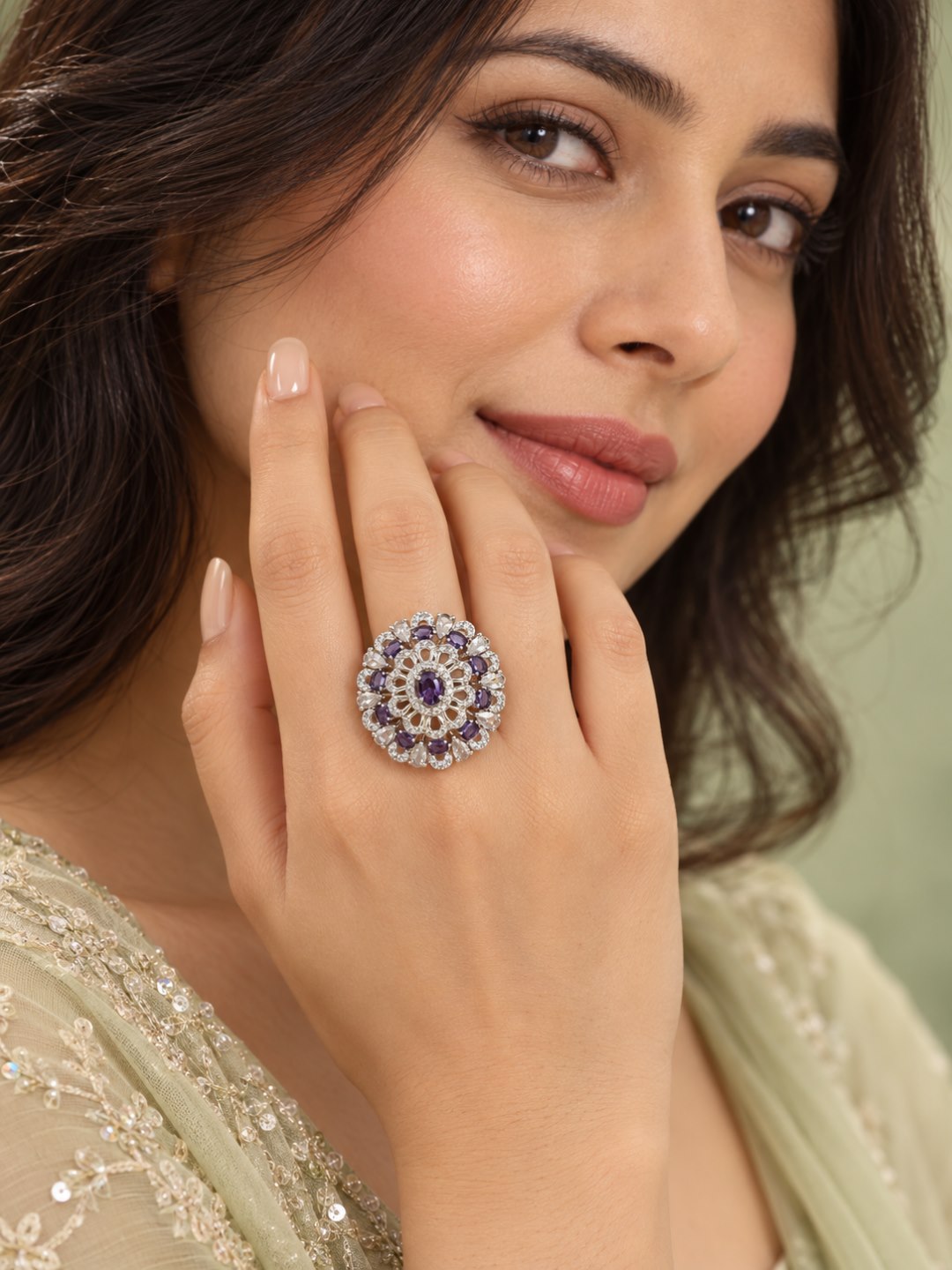 Purple Oval Center Floral Cluster Ring - Silver Plated worn on hand - close-up