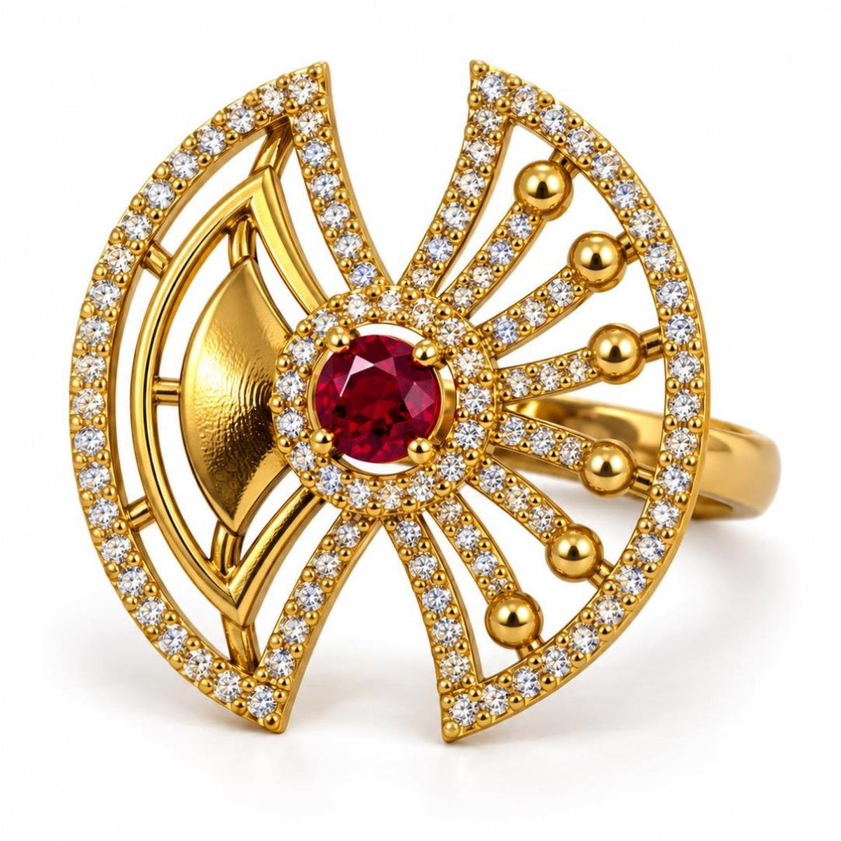 Red Stone Openwork Fan Ring - Gold Plated, product view