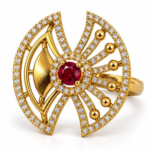Red Stone Openwork Fan Ring - Gold Plated, product view