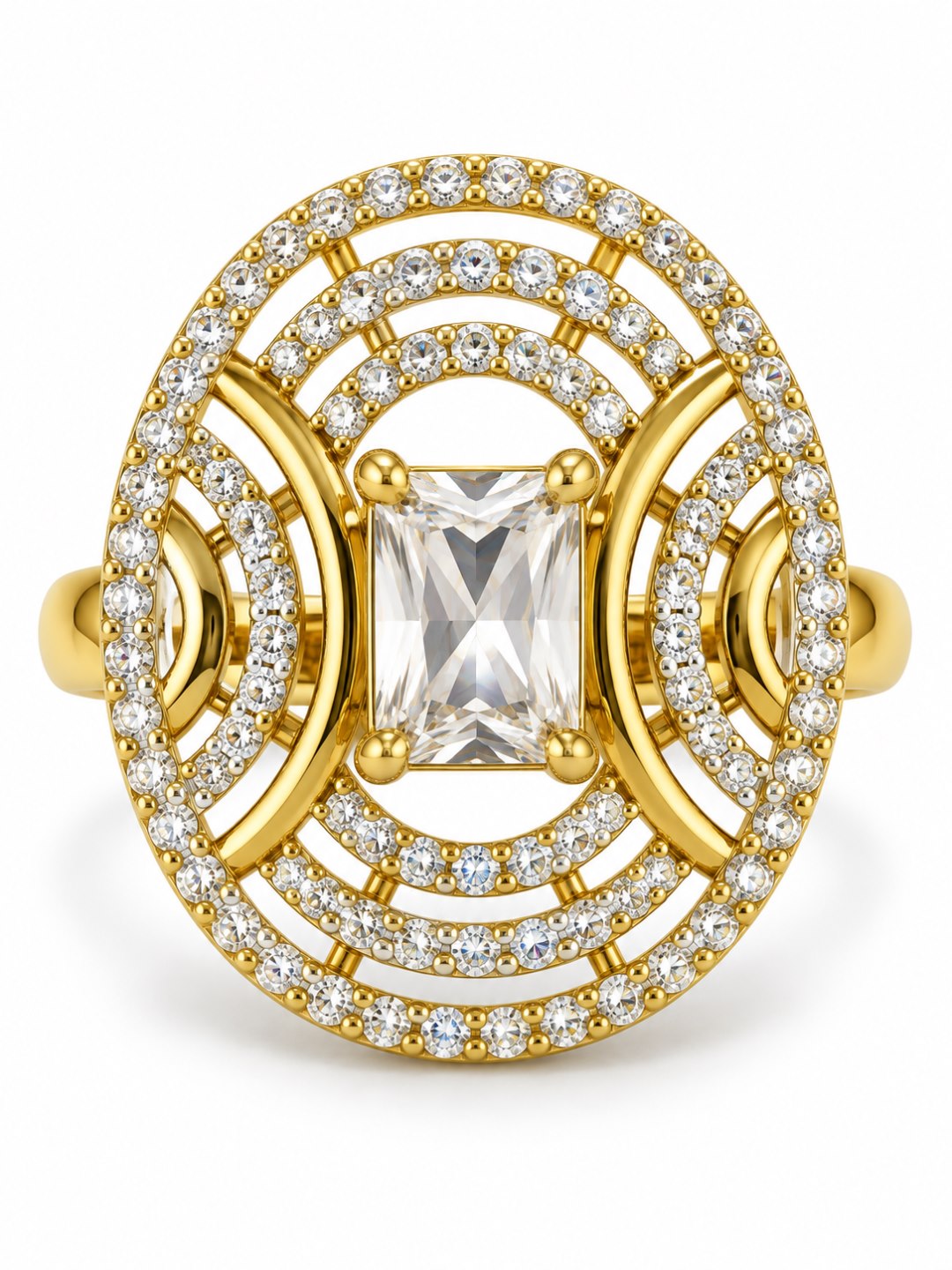 White Center Stone Oval Geometric Halo Ring - Gold Plated