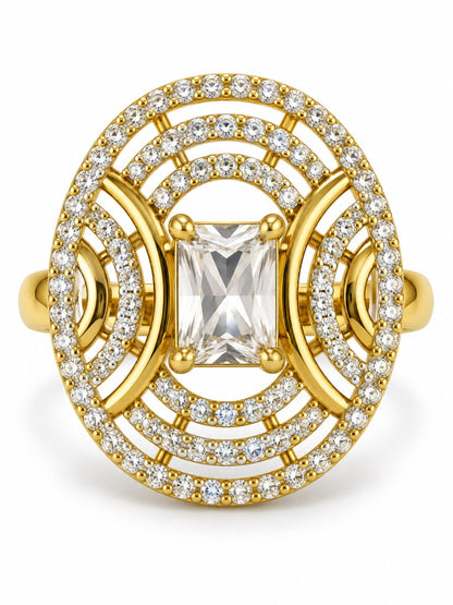 White Center Stone Oval Geometric Halo Ring - Gold Plated