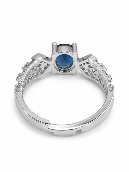 Blue Oval Center Stone Geometric Shoulder Ring - Silver Plated