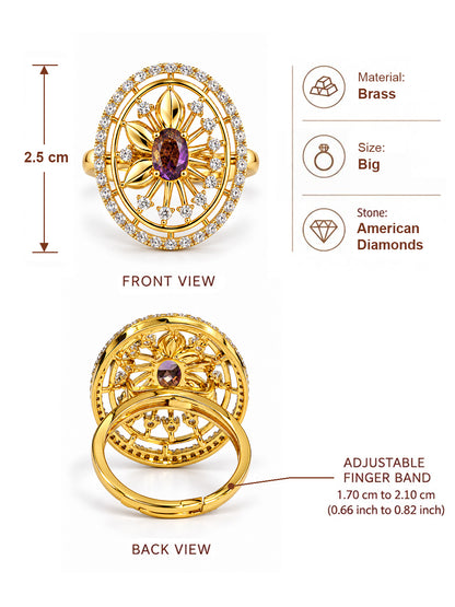 Purple Center Stone Oval Sunburst Ring - Gold Plated