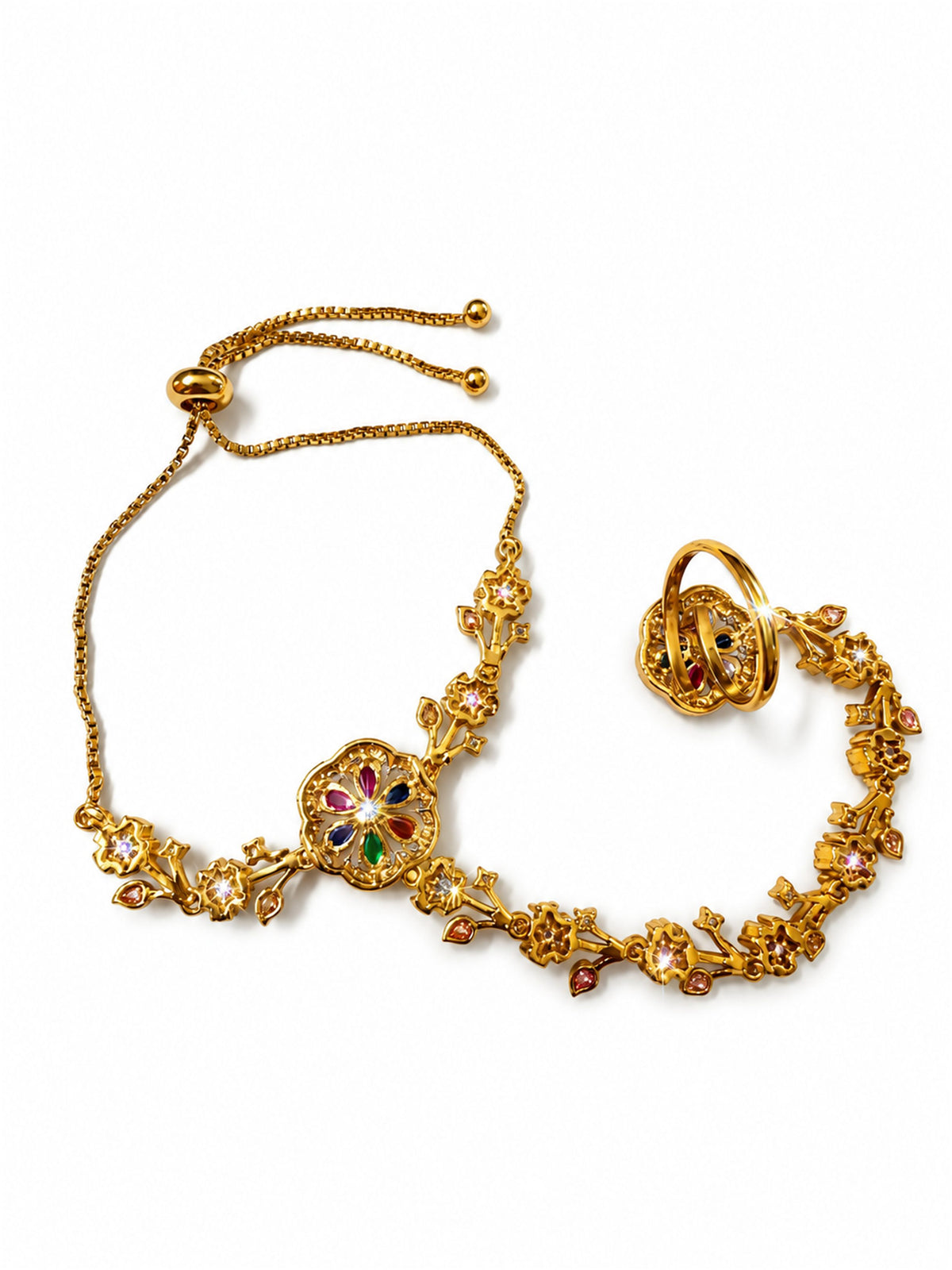 Multicolor Floral Marquise-Stone Chain Hathphool - Mehndi Plated
