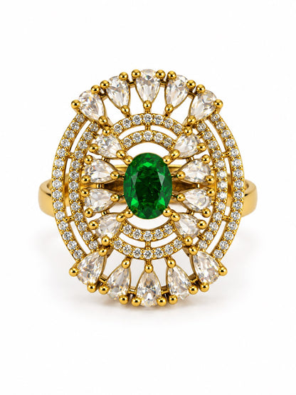 Green Stone Oval Teardrop Halo Ring - Gold Plated, additional view 4