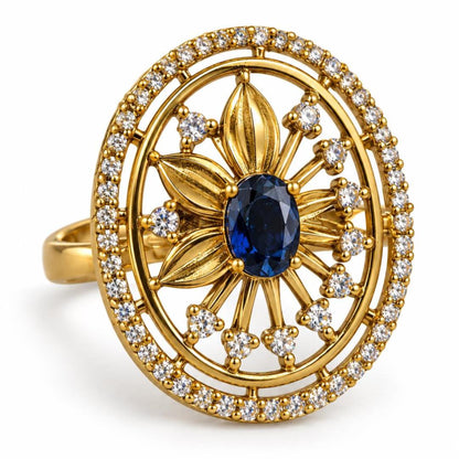 Blue Stone Oval Sunburst Ring - Gold Plated, product view