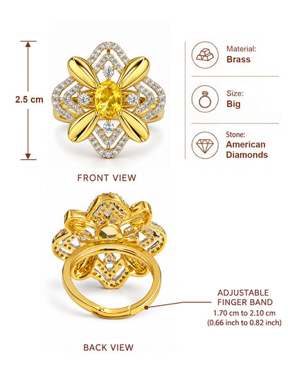 Yellow Center Stone Four-Petal Floral Ring - Gold Plated