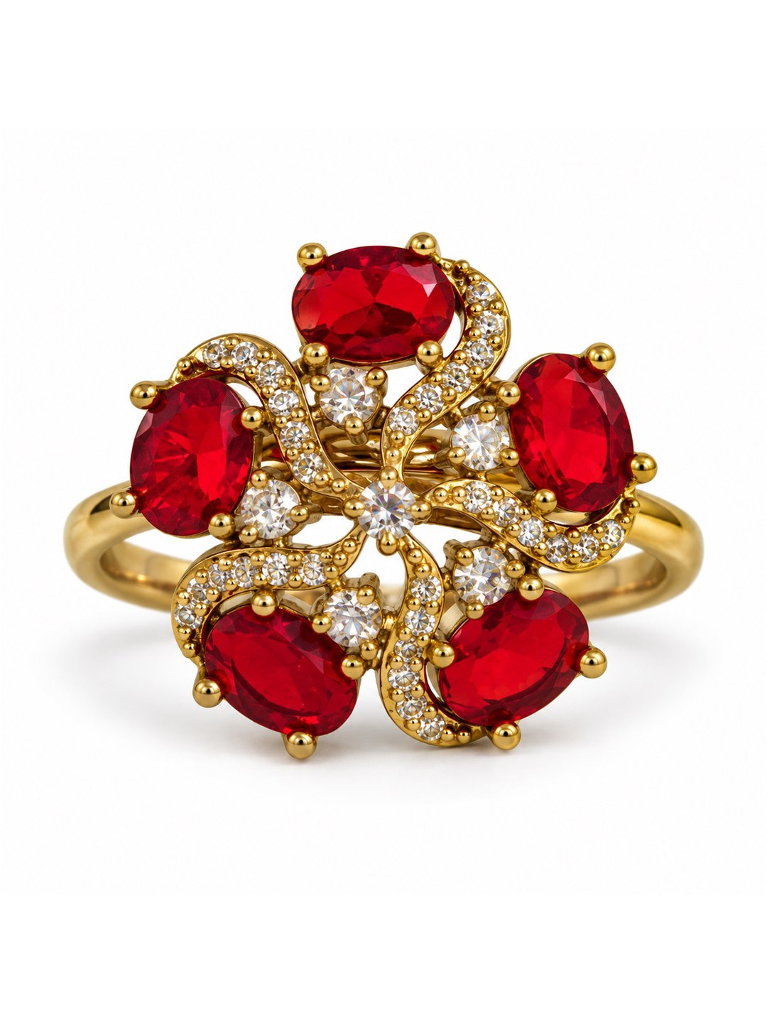 Red Stone Five Petal Swirl Ring - Gold Plated, additional view 4
