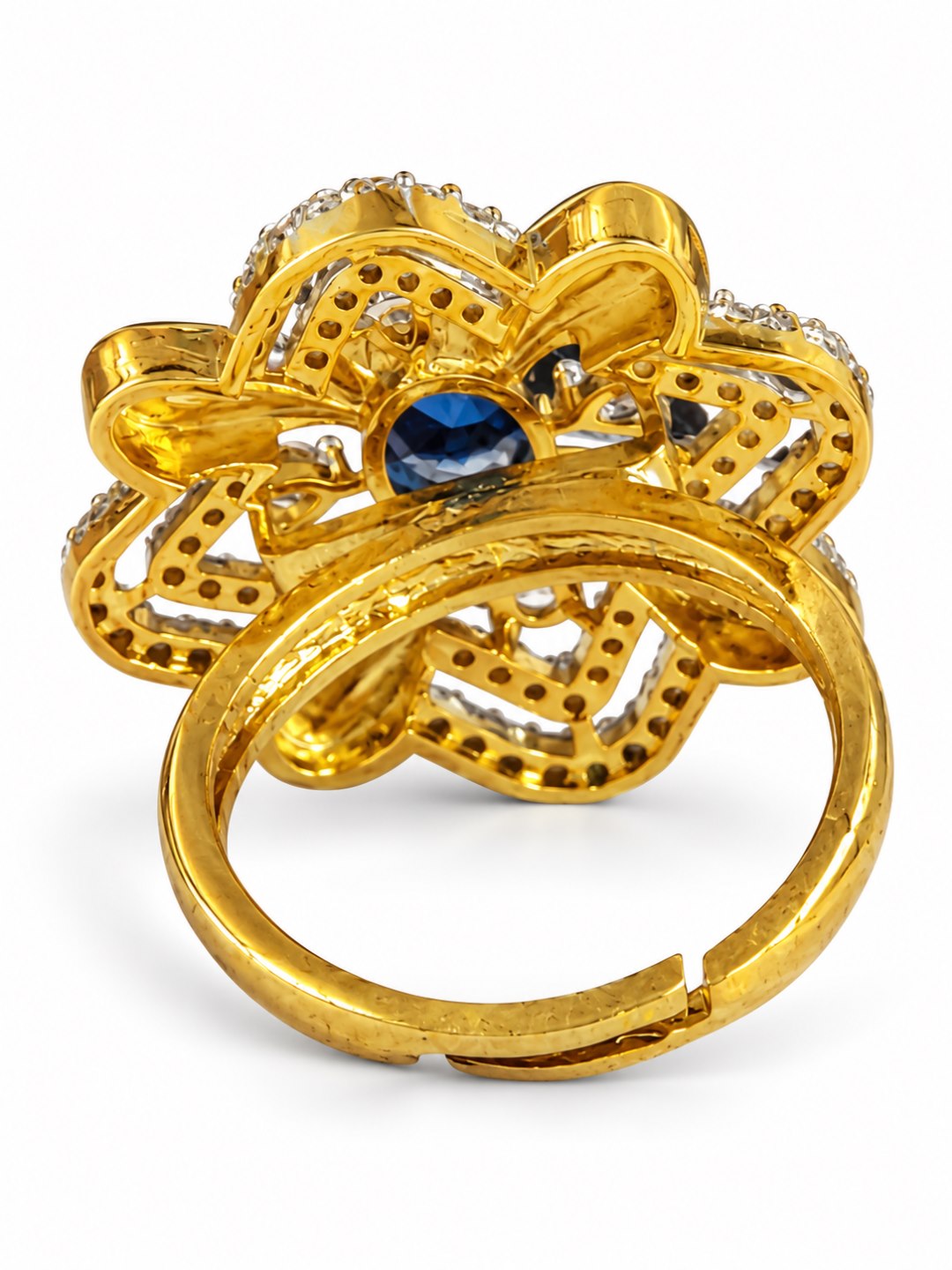 Blue Center Stone Four-Petal Floral Ring - Gold Plated