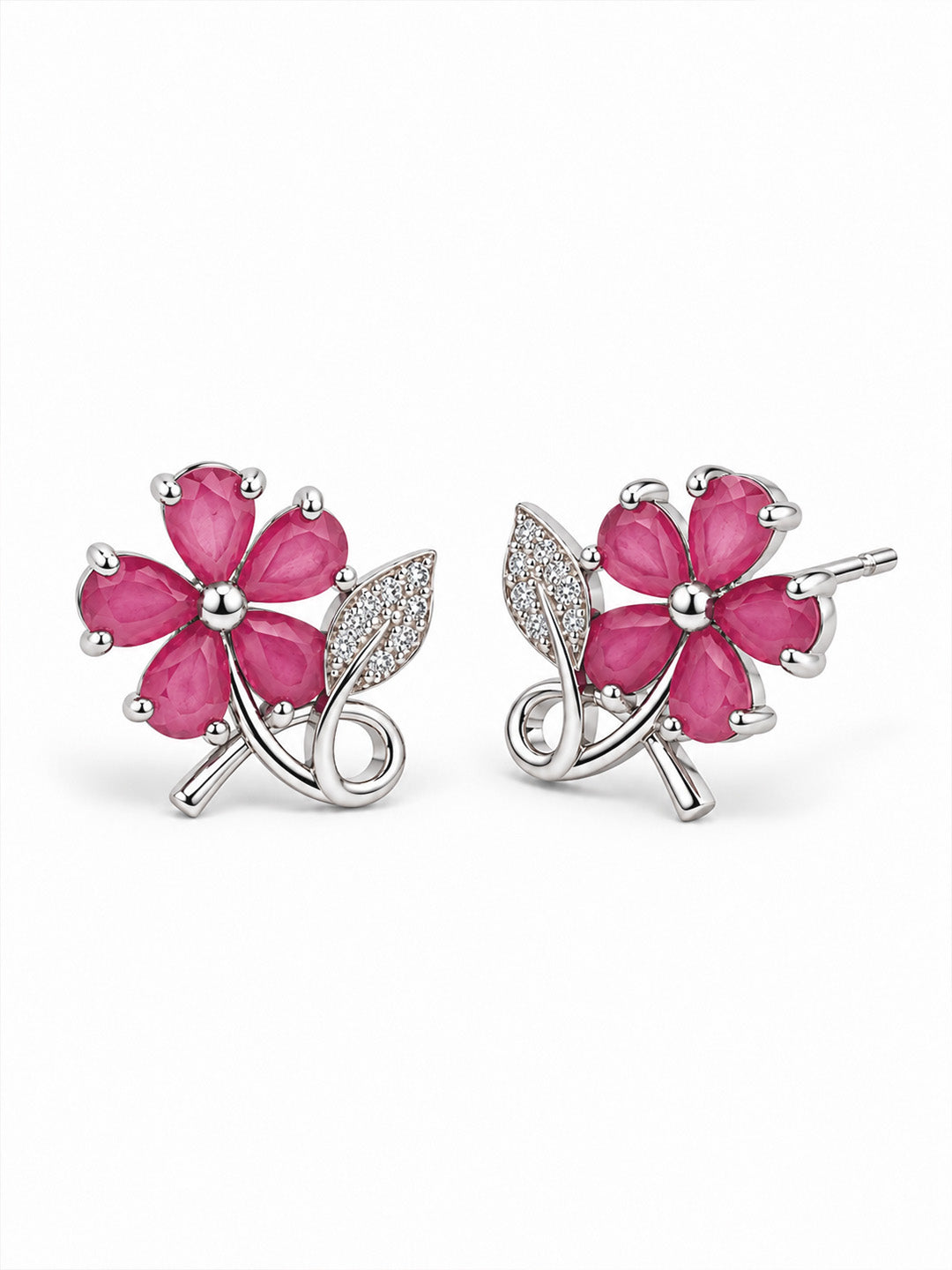 Pink Flower and Leaf Stud Earrings, silver plated, alternate product view