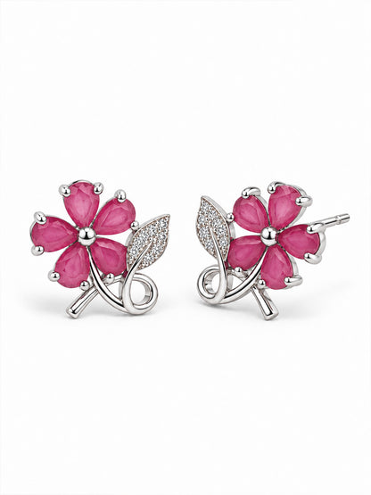 Pink Flower and Leaf Stud Earrings, silver plated, alternate product view