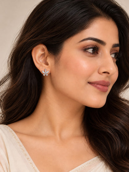 Clear Marquise Leaf Spray Stud Earrings, silver plated, worn on model