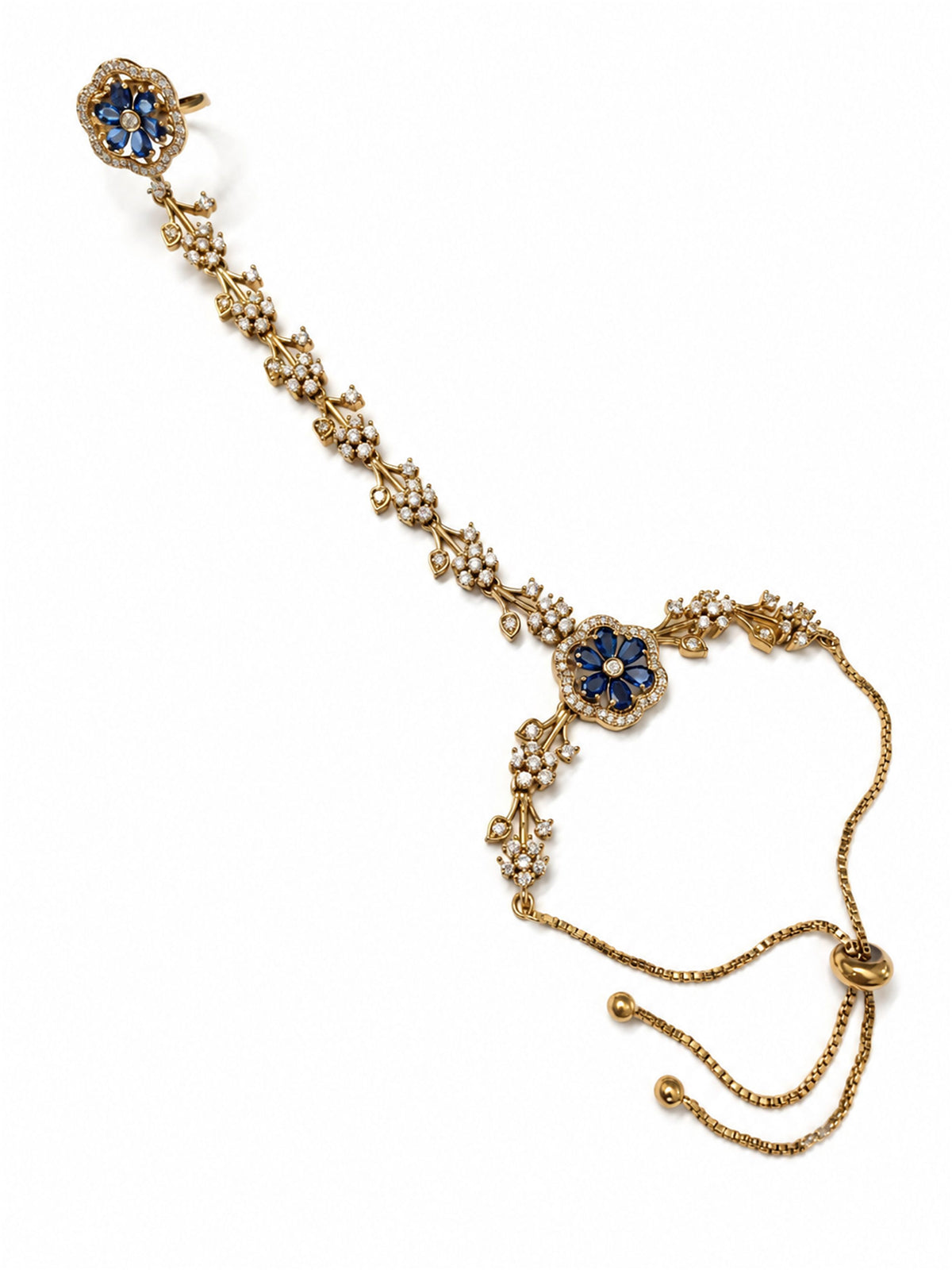 Blue Floral Marquise-Stone Chain Hathphool - Mehndi Plated