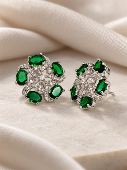 Green five-stone floral halo silver-plated stud earrings