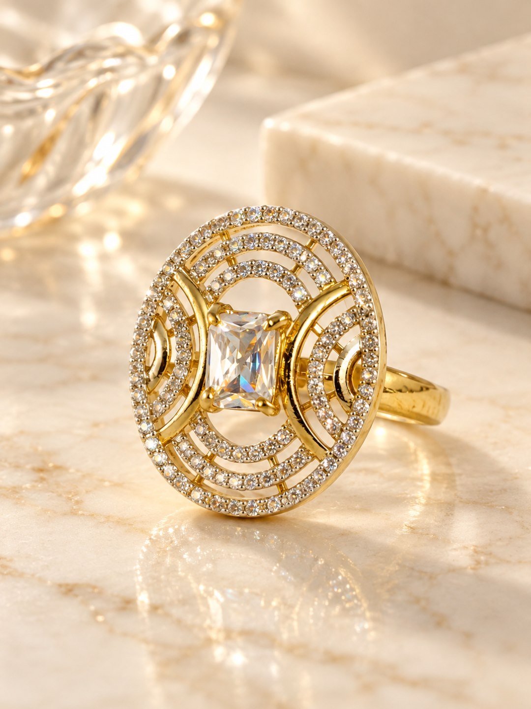 White Center Stone Oval Geometric Halo Ring - Gold Plated