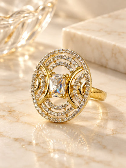 White Center Stone Oval Geometric Halo Ring - Gold Plated