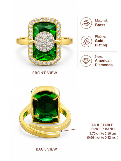 Gold Plated Green American Diamond Adjustable Finger Ring - dimensions and product details