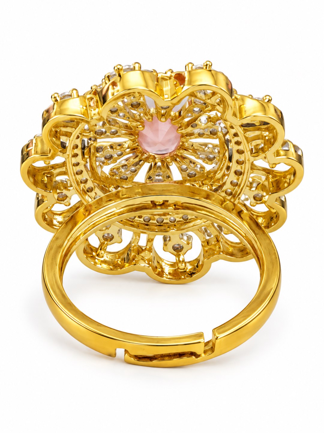 Pink Center Stone Scalloped Floral Halo Ring - Gold Plated
