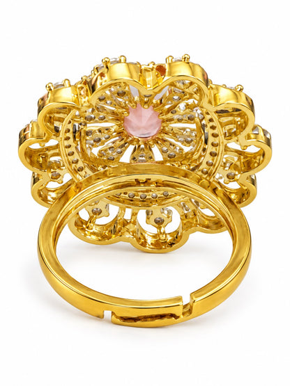Pink Center Stone Scalloped Floral Halo Ring - Gold Plated
