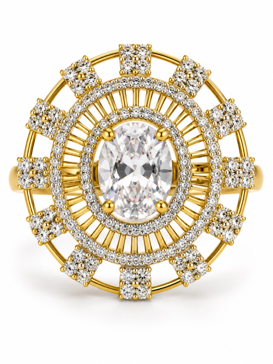 White Center Stone Baguette Halo Ring - Gold Plated