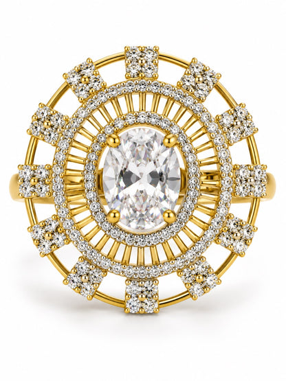 White Center Stone Baguette Halo Ring - Gold Plated