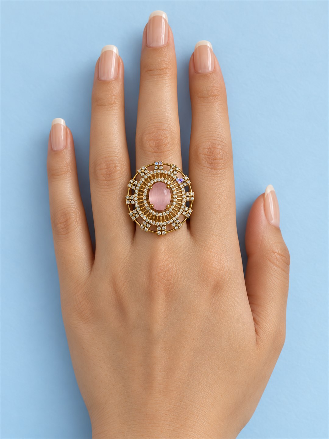 Pink Stone Oval Baguette Halo Ring - Gold Plated, model close-up