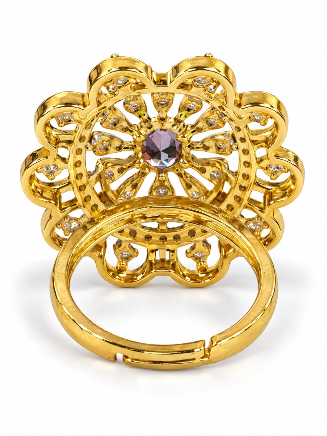 Purple Center Stone Scalloped Floral Halo Ring - Gold Plated