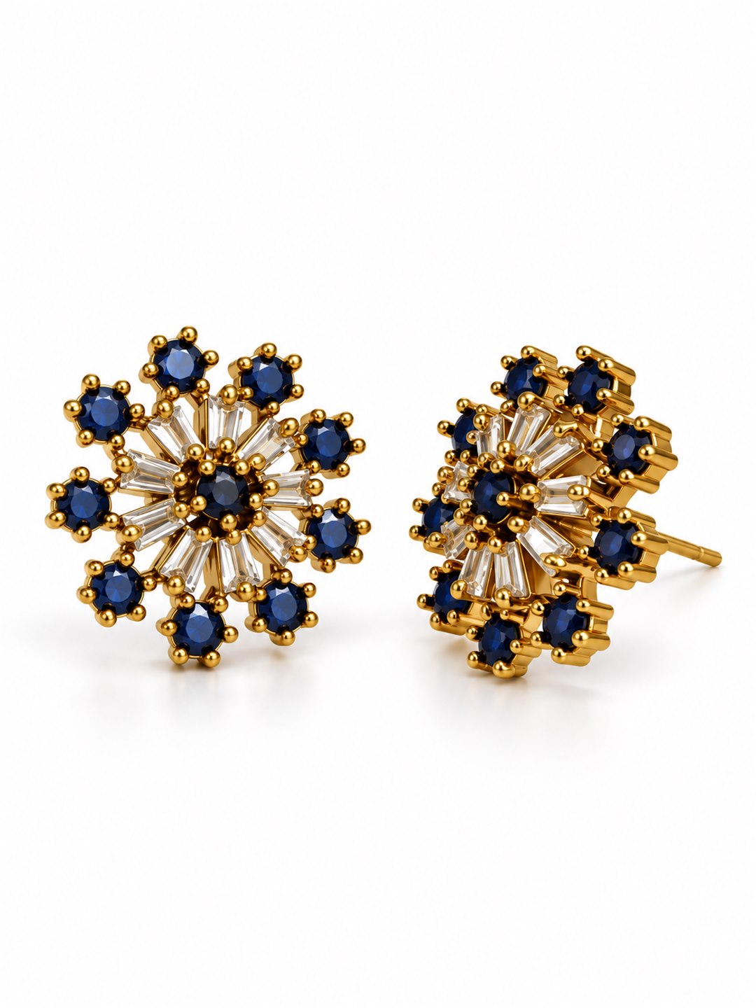 Blue Baguette Sunburst Stud Earrings, gold plated, alternate product view