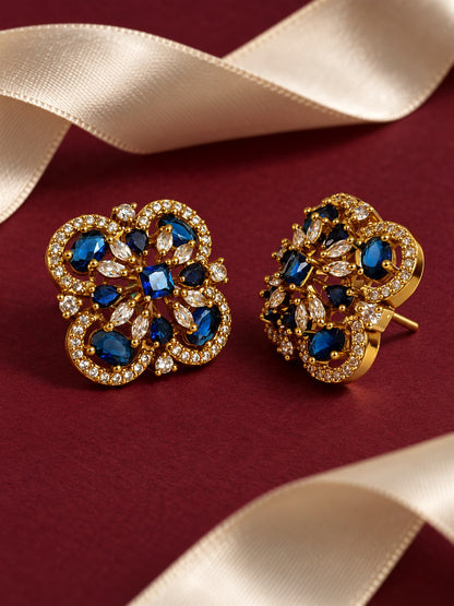 Blue Four Petal Oval Stone Stud Earrings - Gold Plated