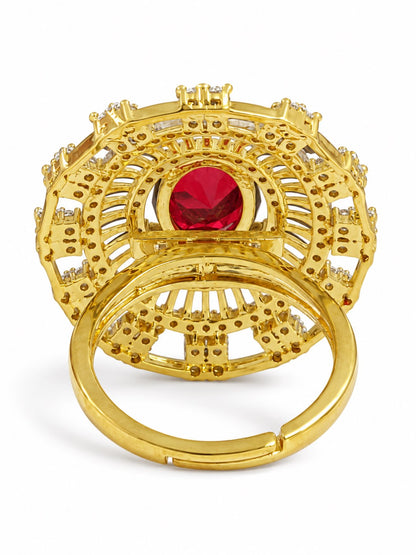 Red Center Stone Baguette Halo Ring - Gold Plated