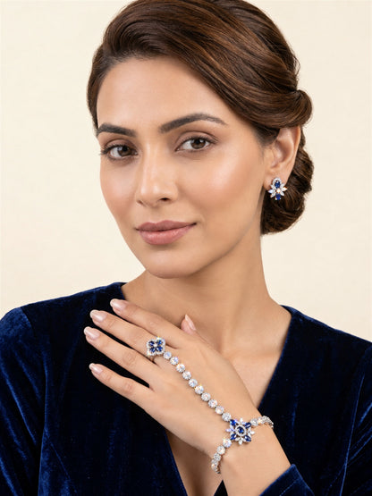 Blue silver-plated floral round-stone chain hathphool