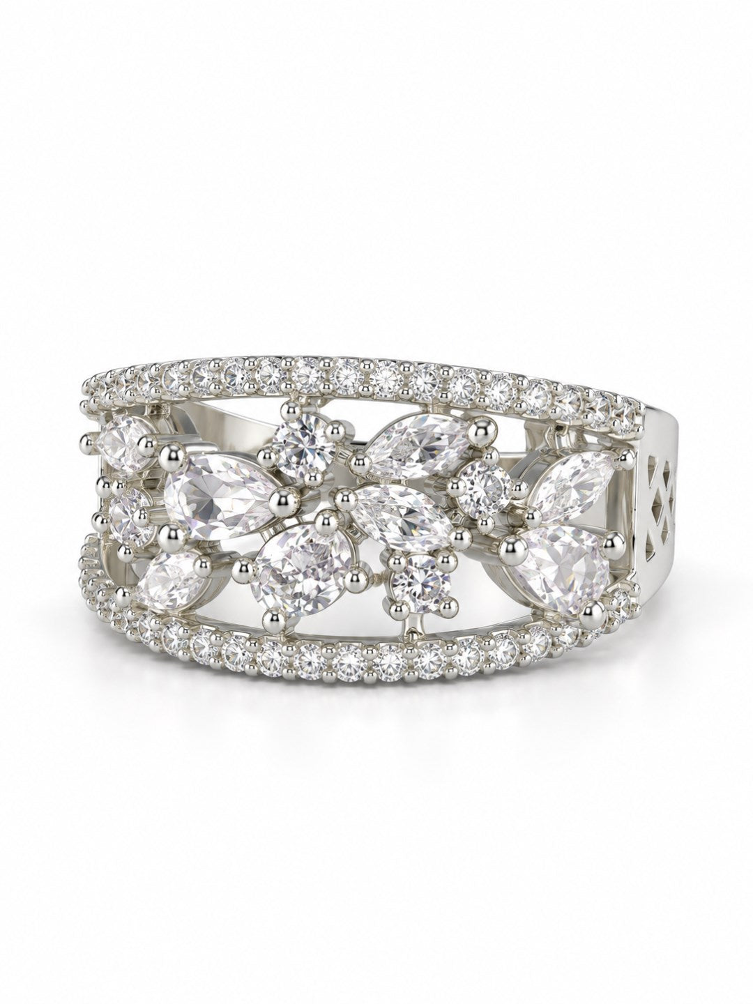 Clear Marquise Floral Band Ring - Silver Plated