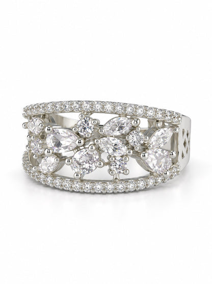 Clear Marquise Floral Band Ring - Silver Plated