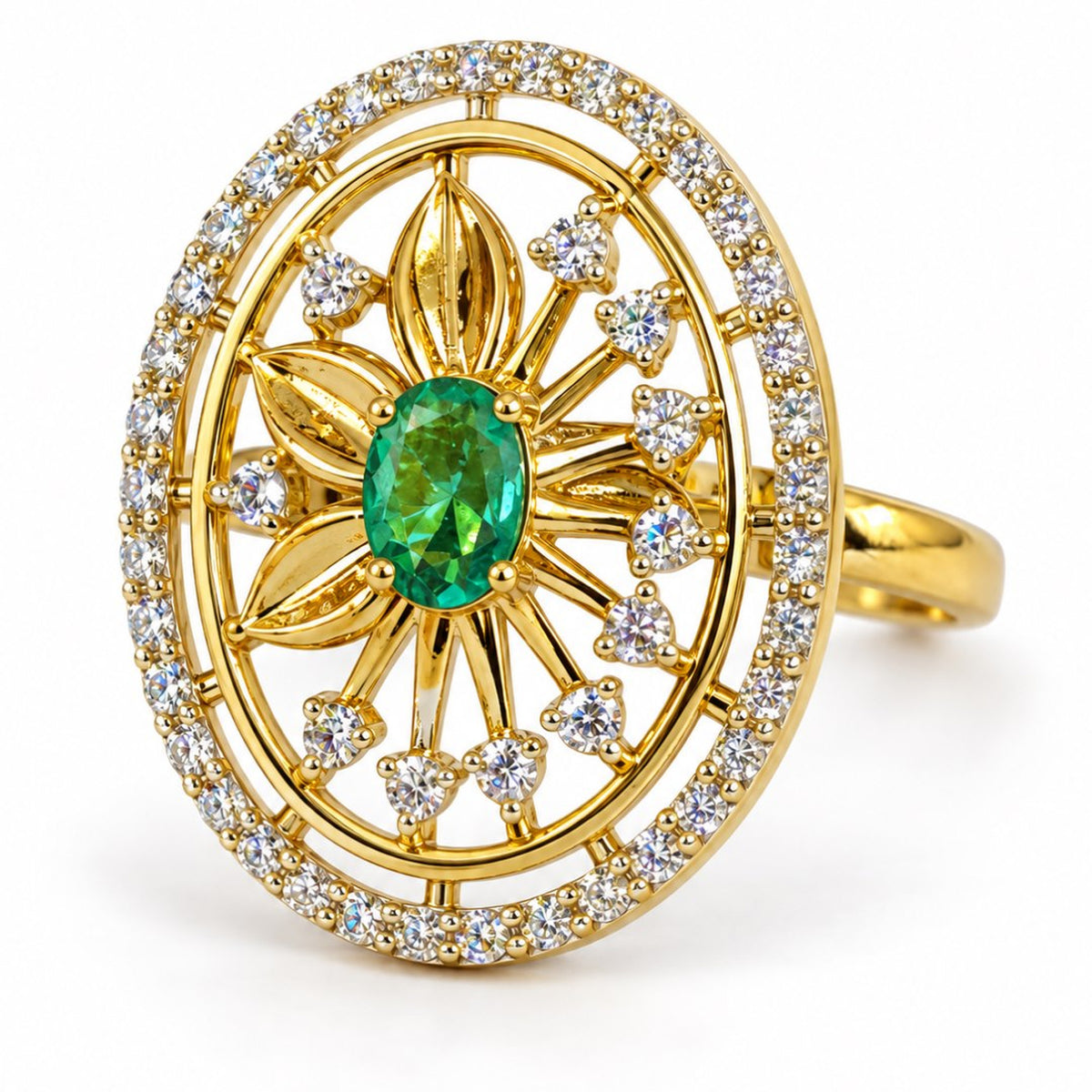 Sea Green Center Stone Oval Sunburst Ring - Gold Plated