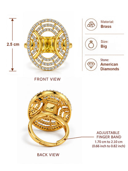 Yellow Center Stone Oval Geometric Halo Ring - Gold Plated