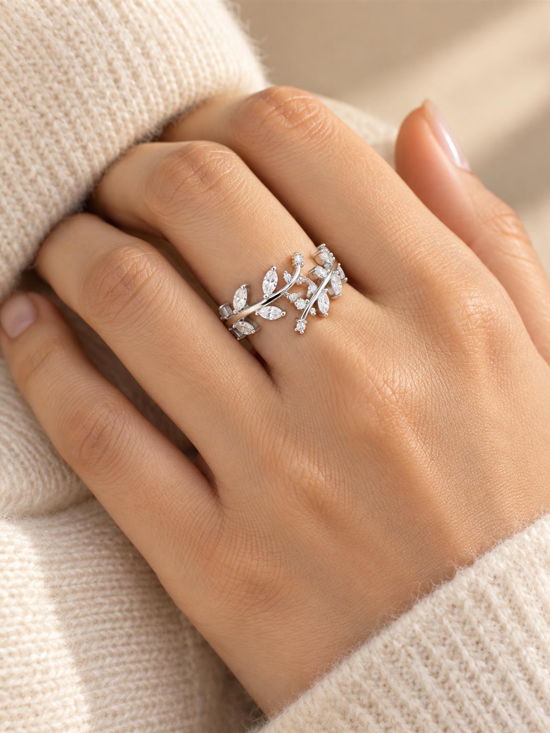 Clear Leaf Vine Ring - Silver Plated worn on hand
