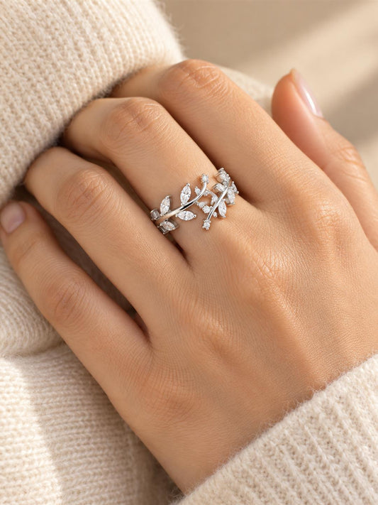 Clear Leaf Vine Ring - Silver Plated worn on hand