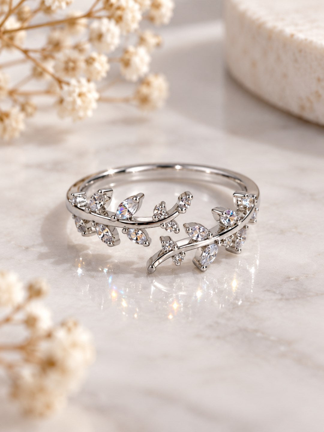Clear Leaf Vine Ring - Silver Plated