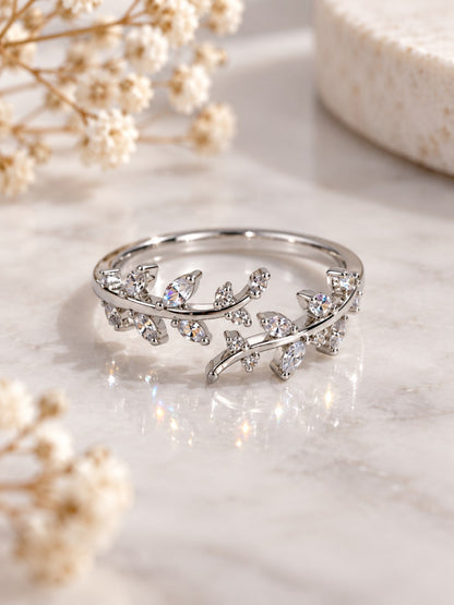 Clear Leaf Vine Ring - Silver Plated