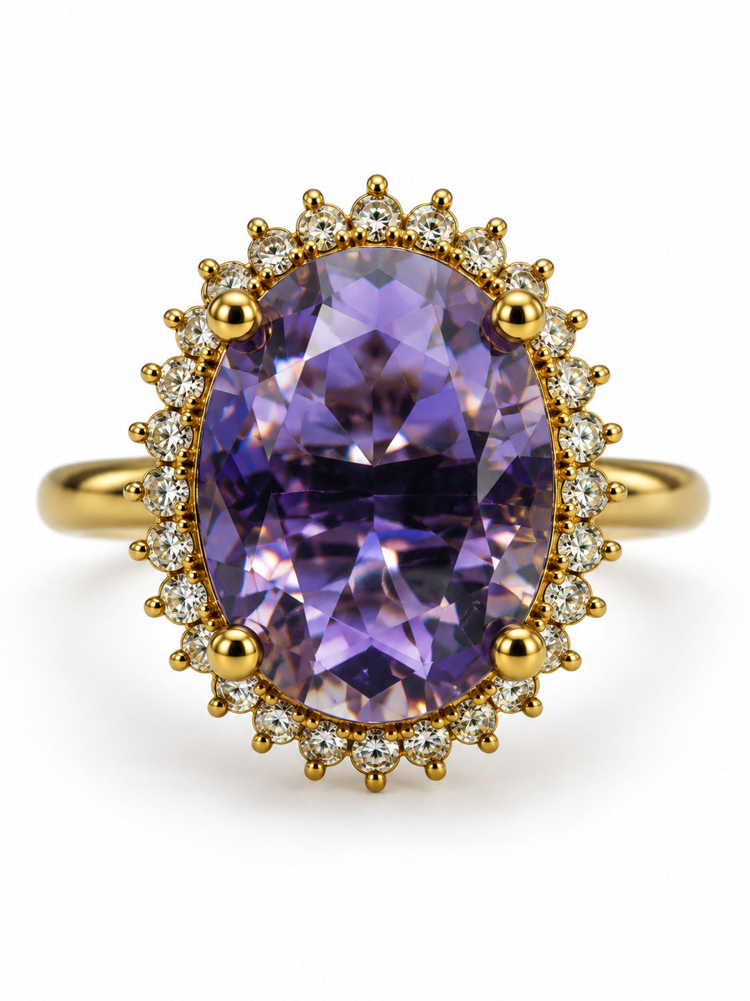 Purple Oval Stone Sunburst Halo Ring - Gold Plated, additional view 1