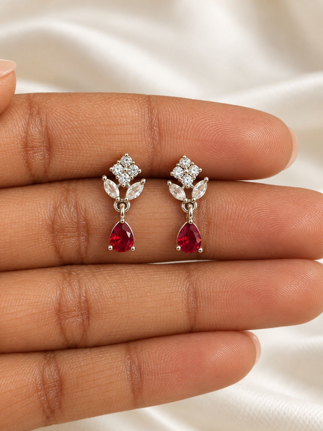 Red Teardrop Floral Drop Earrings - Silver Plated, additional view 1