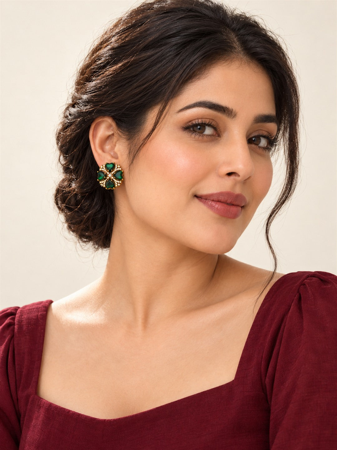 Green Four Heart Floral Stud Earrings - Gold Plated