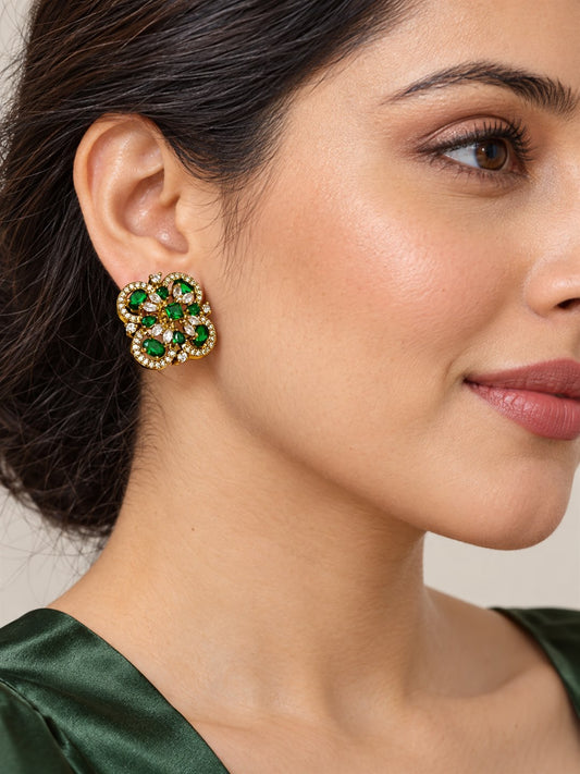 Green Four Petal Oval Stone Stud Earrings - Gold Plated on a model