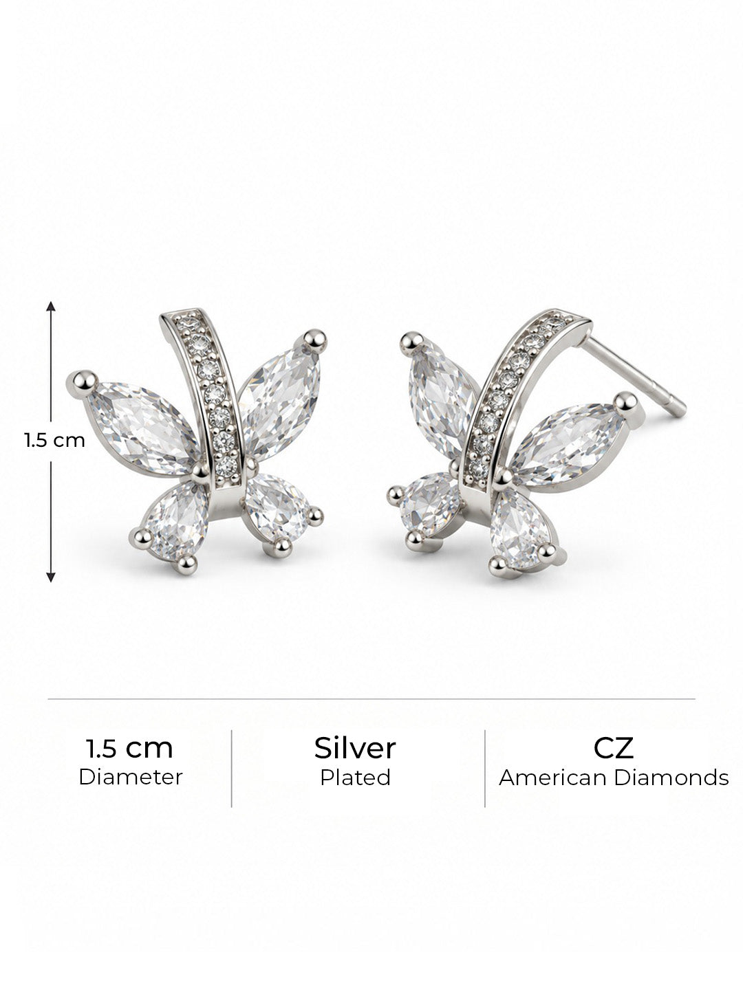 Clear Marquise Leaf Spray Stud Earrings, silver plated, size and plating details