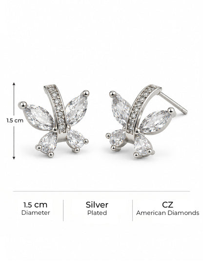 Clear Marquise Leaf Spray Stud Earrings, silver plated, size and plating details