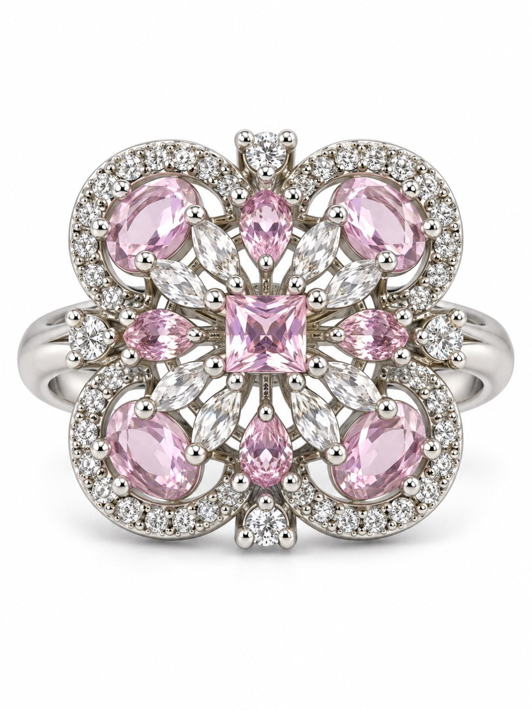 Pink Square Center Quatrefoil Ring - Silver Plated - alternate view