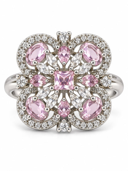 Pink Square Center Quatrefoil Ring - Silver Plated - alternate view